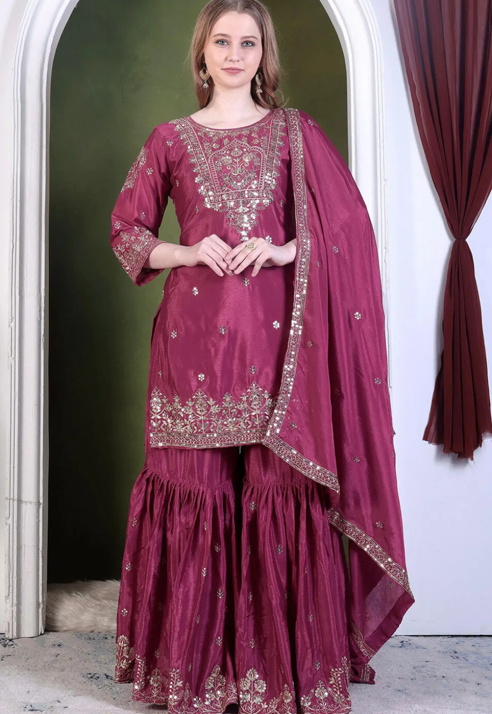 Embroidered Art Chinon Silk Pakistani Suit in Purple