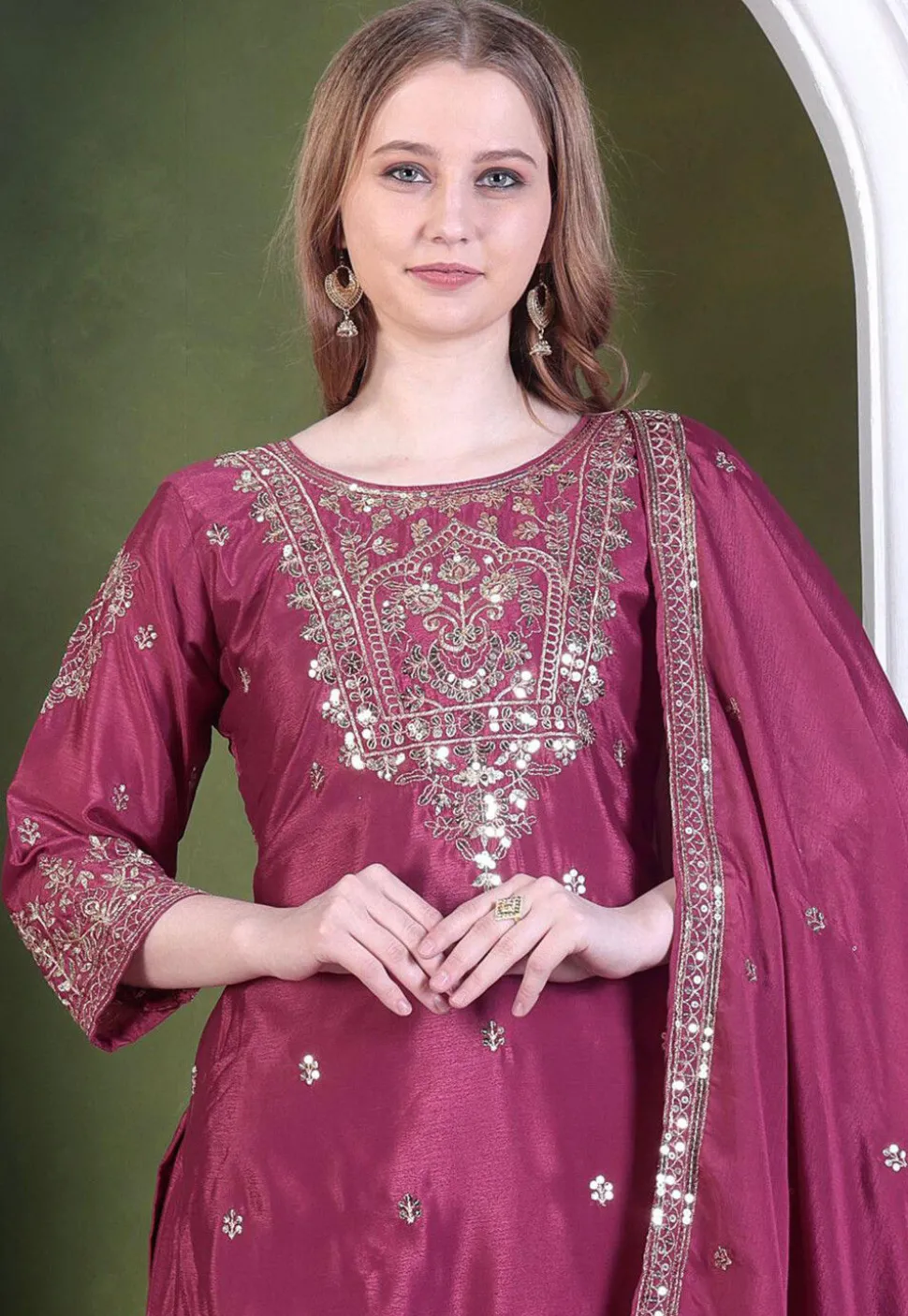 Embroidered Art Chinon Silk Pakistani Suit in Purple