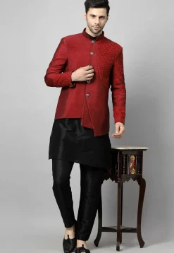 Embroidered Art Dupion Silk Jodhpuri Suit in Maroon and Black