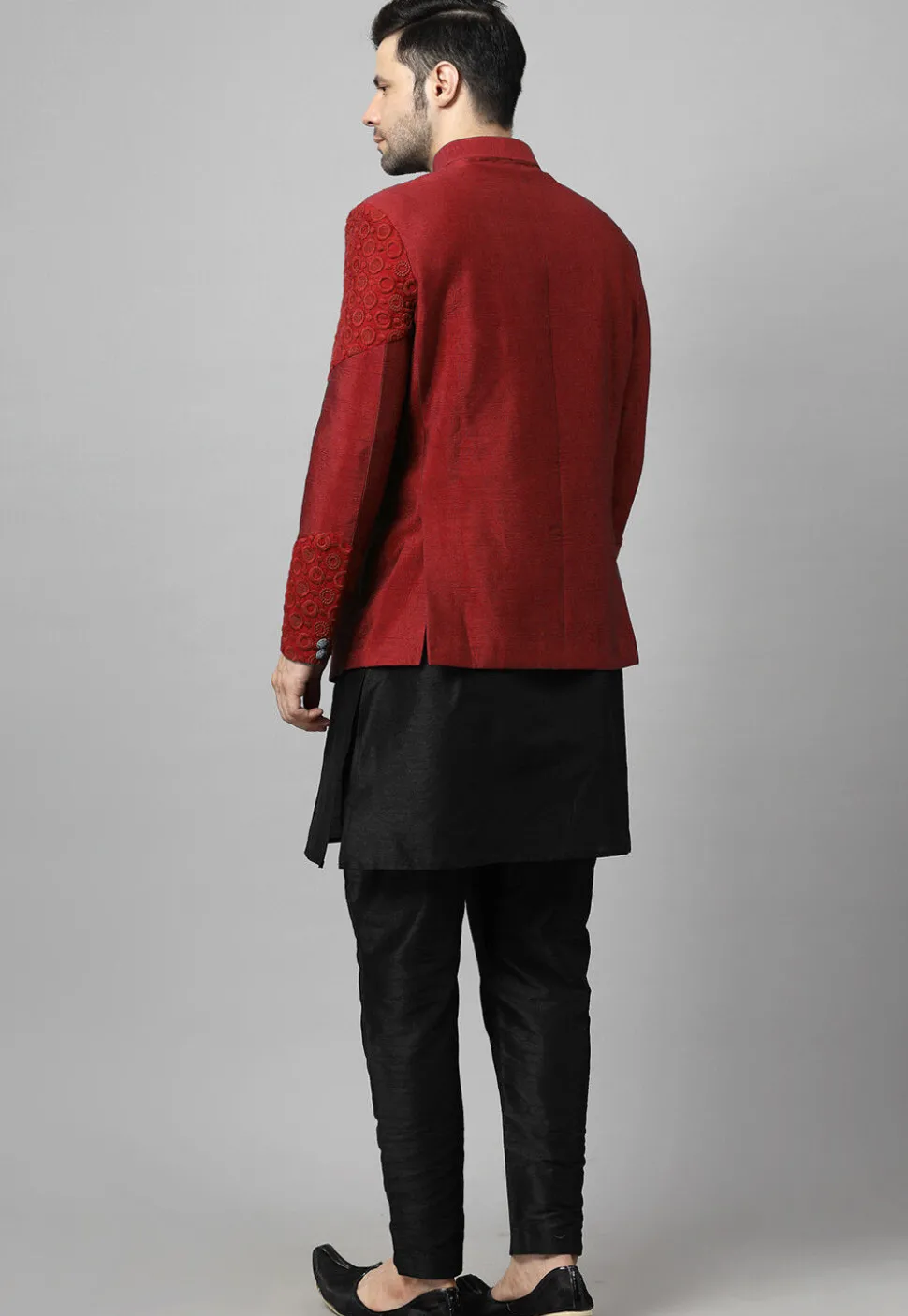 Embroidered Art Dupion Silk Jodhpuri Suit in Maroon and Black