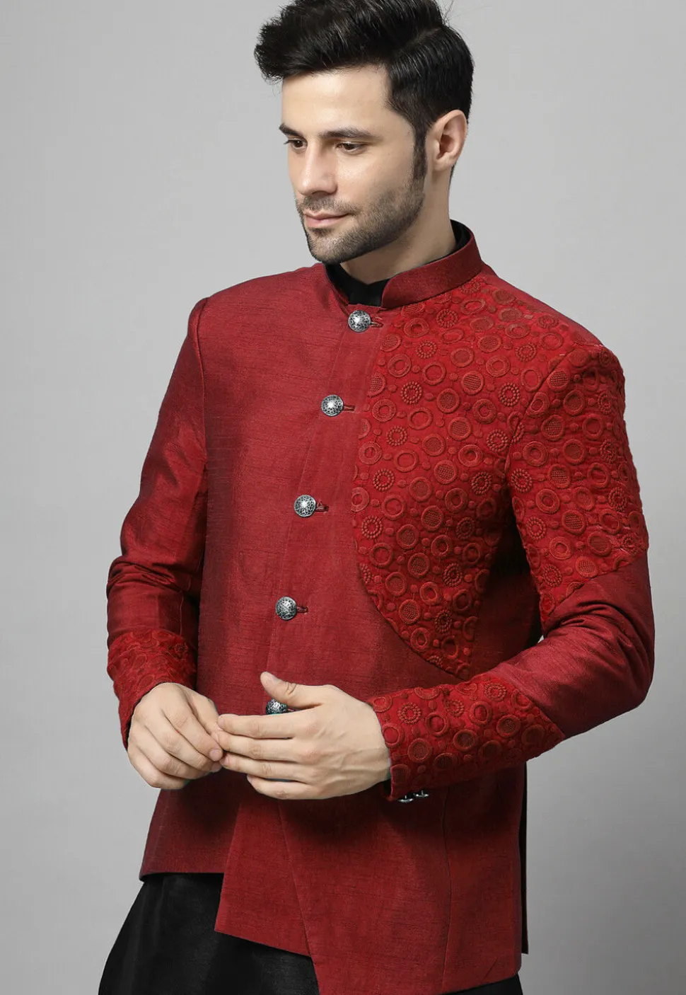 Embroidered Art Dupion Silk Jodhpuri Suit in Maroon and Black