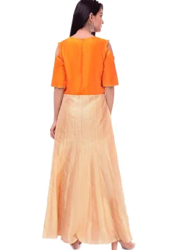 Embroidered Art Dupion Silk Abaya Style Suit in Beige and Orange