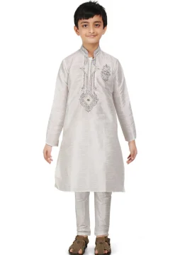 Embroidered Art Dupion Silk Kurta Set in White