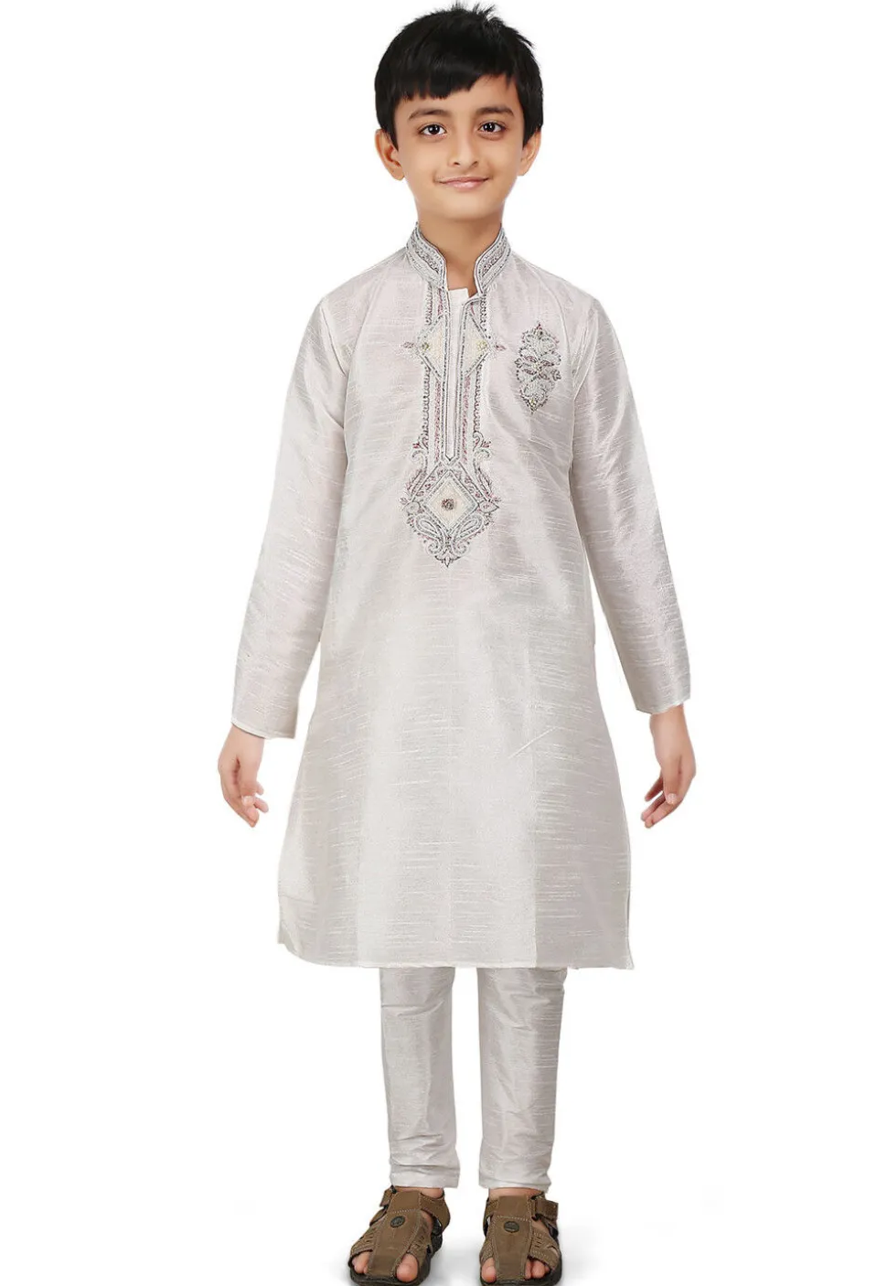Embroidered Art Dupion Silk Kurta Set in White