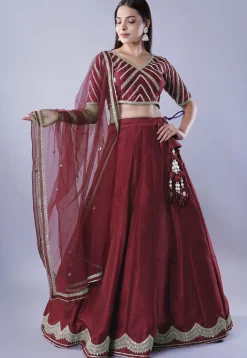Embroidered Art Dupion Silk Lehenga in Maroon