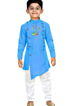 Embroidered Art Dupion Silk Asymmetric Kurta in Sky Blue