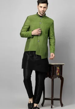 Embroidered Art Dupion Silk Jodhpuri Suit in Olive Green and Black