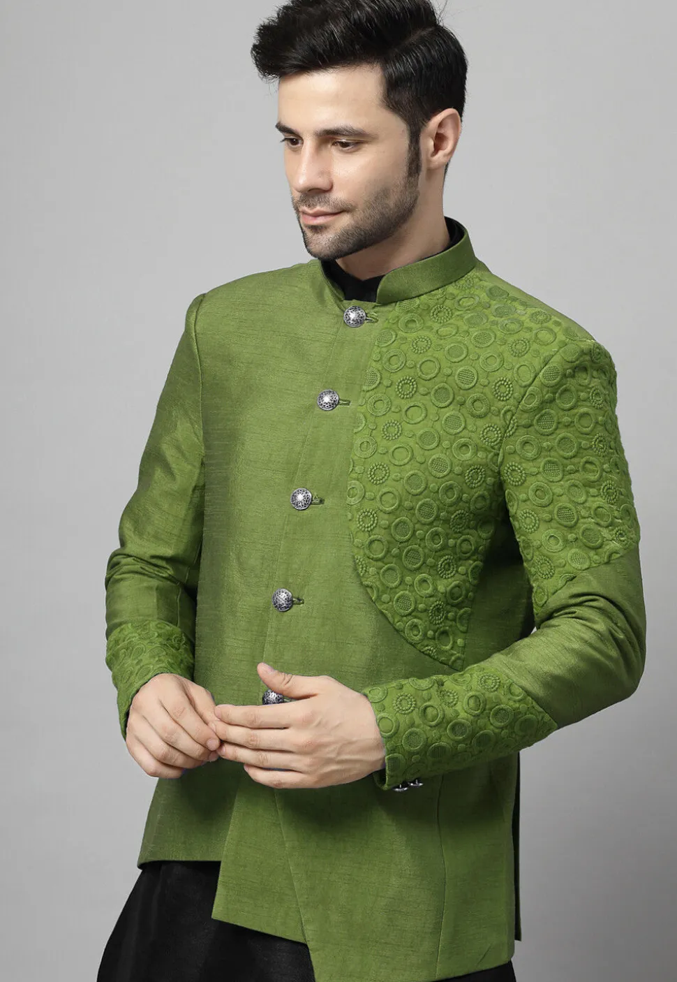 Embroidered Art Dupion Silk Jodhpuri Suit in Olive Green and Black