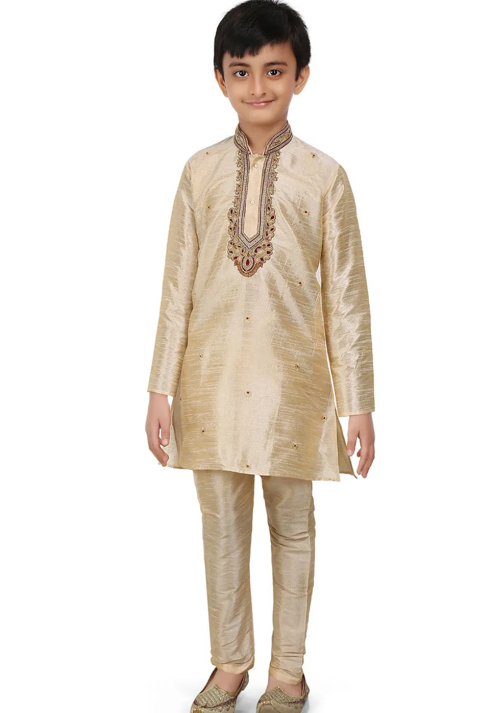 Embroidered Art Dupion Silk Kurta Set in Beige