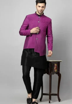 Embroidered Art Dupion Silk Jodhpuri Suit in Magenta and Black