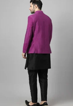 Embroidered Art Dupion Silk Jodhpuri Suit in Magenta and Black