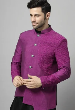Embroidered Art Dupion Silk Jodhpuri Suit in Magenta and Black