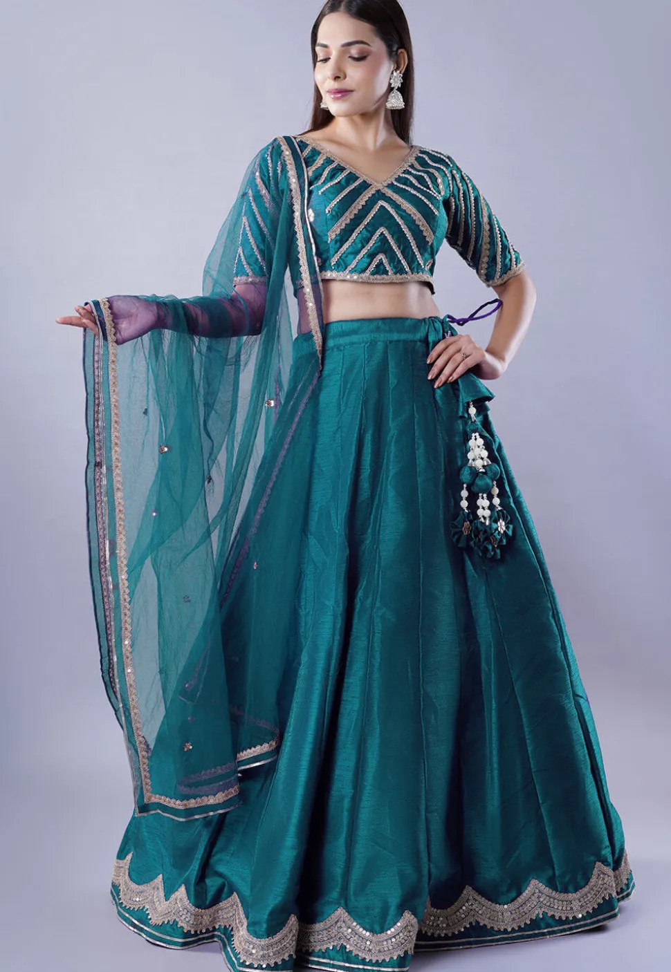 Embroidered Art Dupion Silk Lehenga in Teal Blue