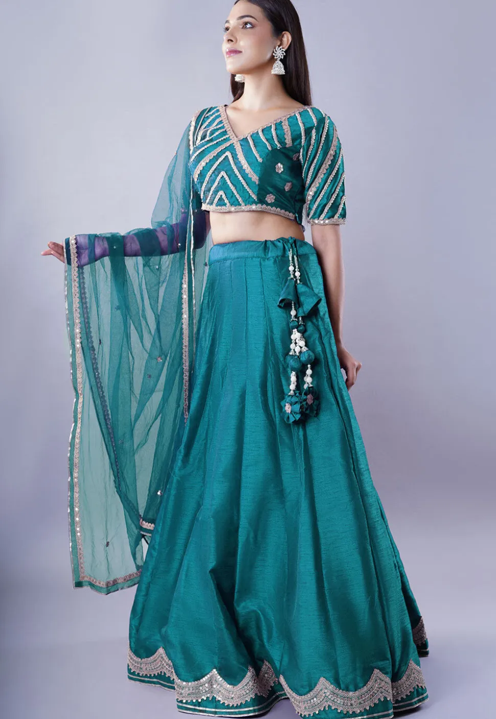 Embroidered Art Dupion Silk Lehenga in Teal Blue