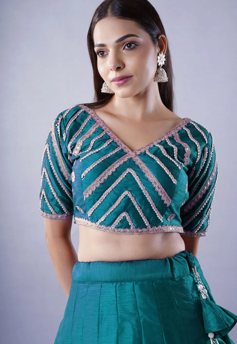 Embroidered Art Dupion Silk Lehenga in Teal Blue