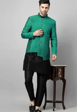 Embroidered Art Dupion Silk Jodhpuri Suit in Teal Green and Black