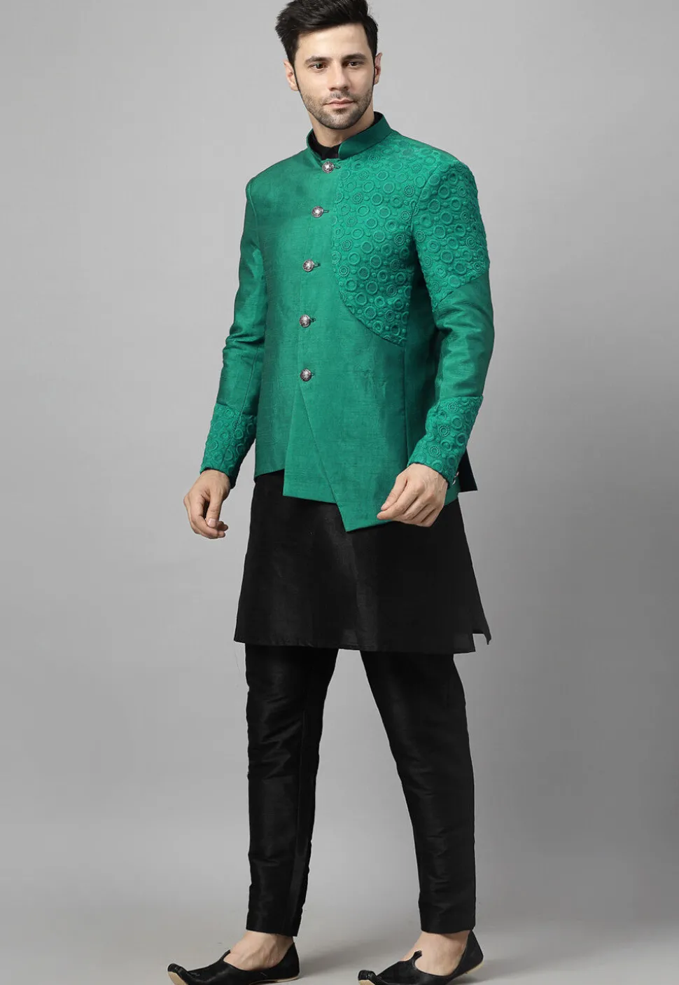 Embroidered Art Dupion Silk Jodhpuri Suit in Teal Green and Black