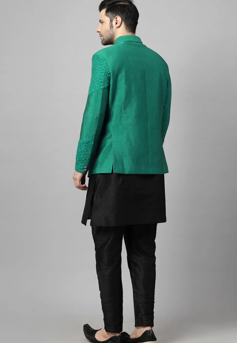 Embroidered Art Dupion Silk Jodhpuri Suit in Teal Green and Black