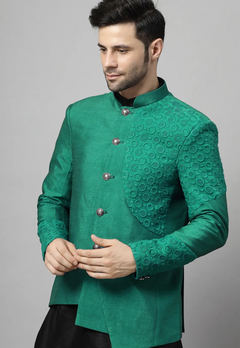 Embroidered Art Dupion Silk Jodhpuri Suit in Teal Green and Black