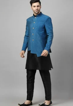Embroidered Art Dupion Silk Jodhpuri Suit in Blue and Black