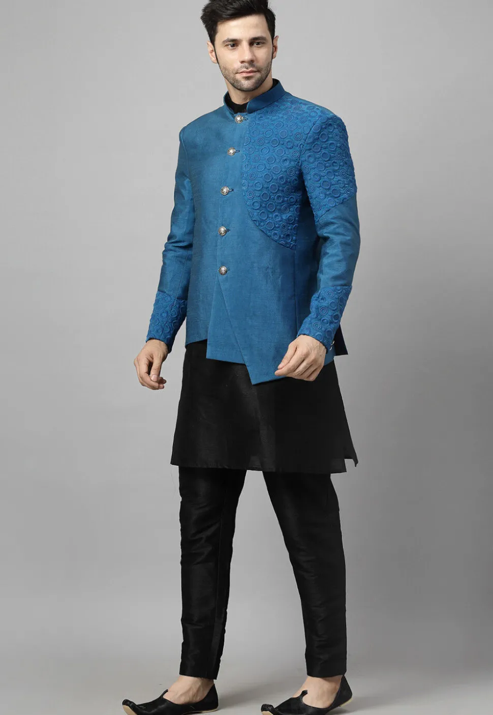 Embroidered Art Dupion Silk Jodhpuri Suit in Blue and Black