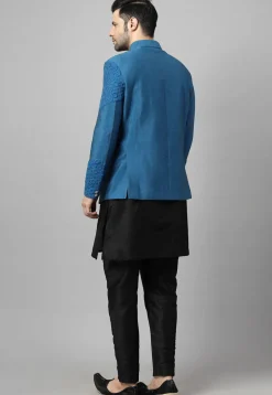 Embroidered Art Dupion Silk Jodhpuri Suit in Blue and Black