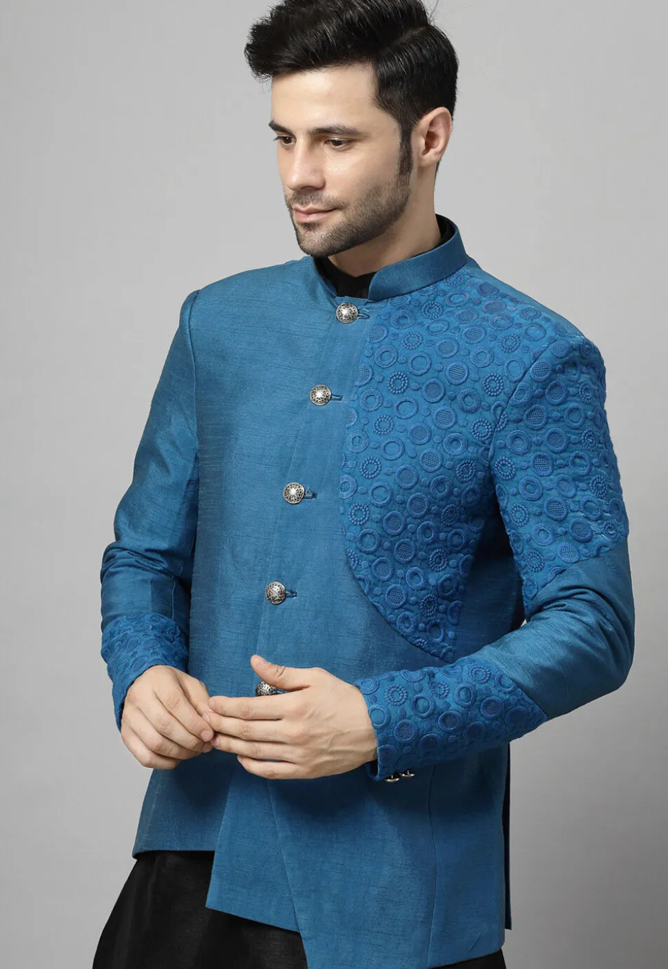 Embroidered Art Dupion Silk Jodhpuri Suit in Blue and Black