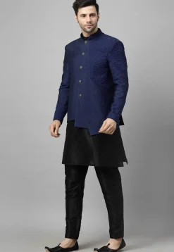 Embroidered Art Dupion Silk Jodhpuri Suit in Navy Blue and Black