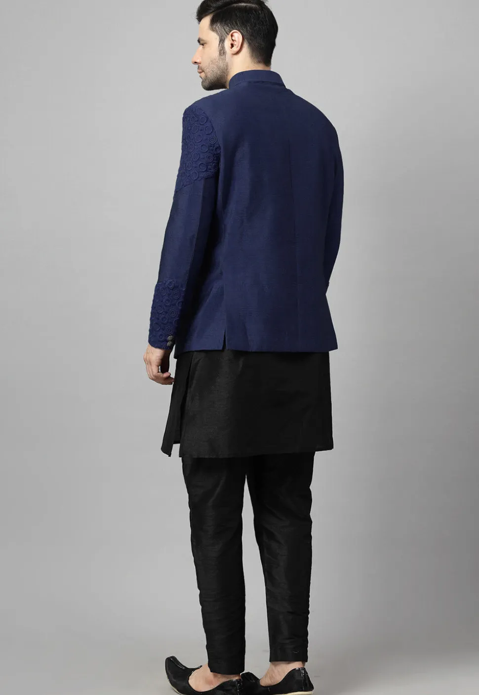 Embroidered Art Dupion Silk Jodhpuri Suit in Navy Blue and Black