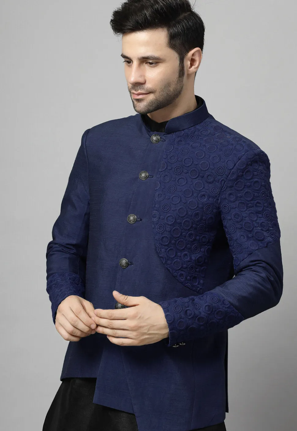 Embroidered Art Dupion Silk Jodhpuri Suit in Navy Blue and Black