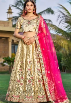 Embroidered Art Satin Silk Lehenga in Beige