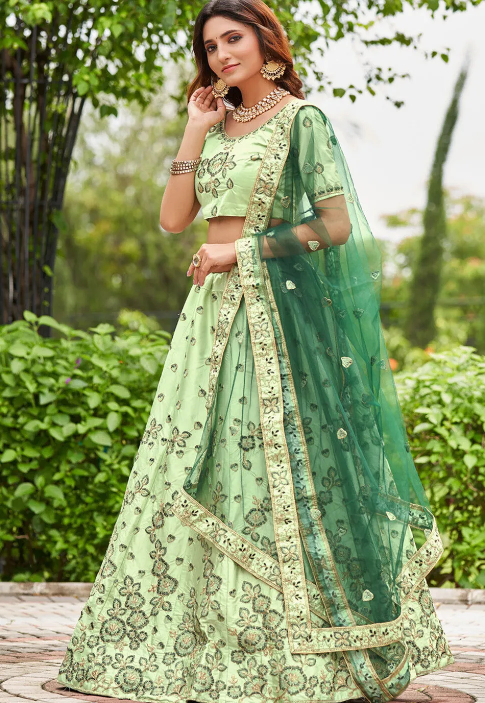 Embroidered Art Satin Silk Lehenga in Light Green