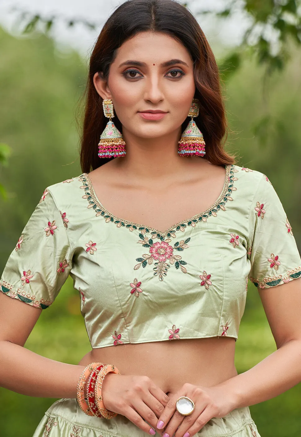 Embroidered Art Satin Silk Lehenga in Light Green