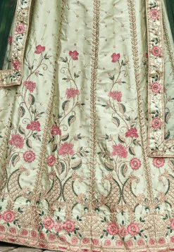Embroidered Art Satin Silk Lehenga in Light Green