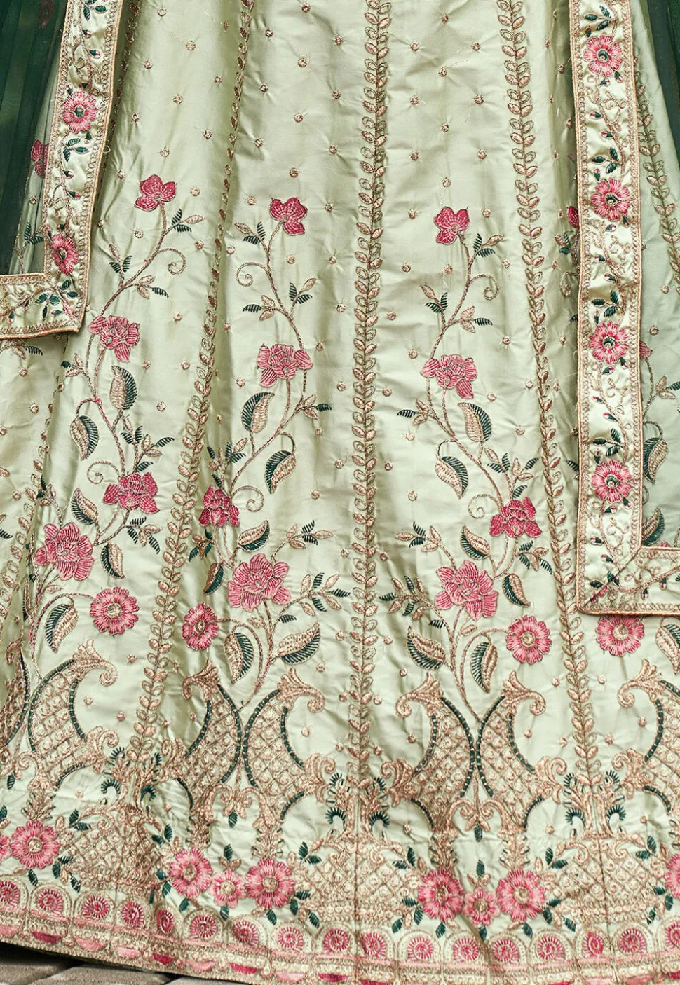 Embroidered Art Satin Silk Lehenga in Light Green