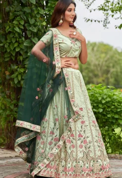 Embroidered Art Satin Silk Lehenga in Light Green