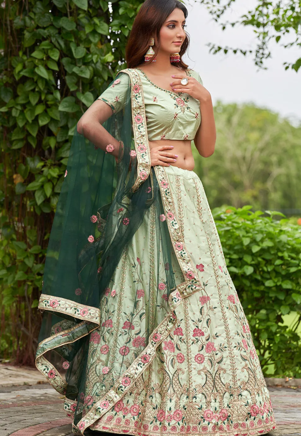 Embroidered Art Satin Silk Lehenga in Light Green
