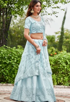 Embroidered Art Satin Silk Lehenga in Sky Blue