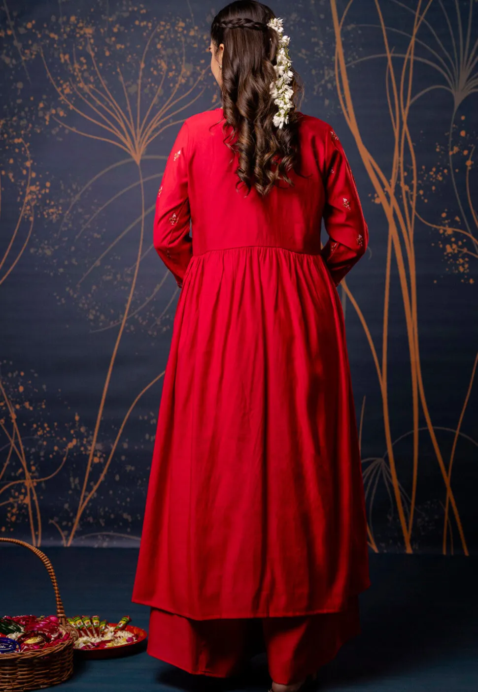 Embroidered Art Silk A Line Suit in Fuchsia