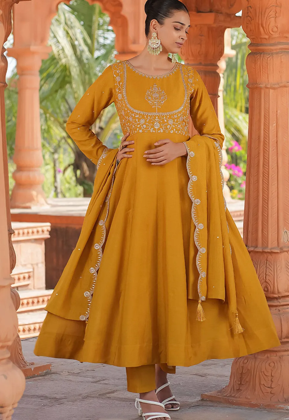 Embroidered Art Silk A Line Suit in Mustard