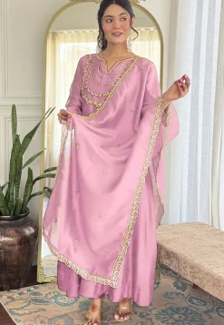 Embroidered Art Silk A Line Suit in Pink