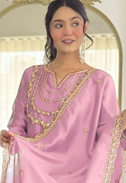 Embroidered Art Silk A Line Suit in Pink