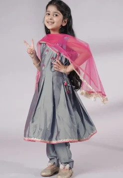 Embroidered Art Silk A Line Suit in Grey