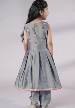 Embroidered Art Silk A Line Suit in Grey
