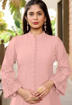 Embroidered Art Silk A Line Kurta in Peach