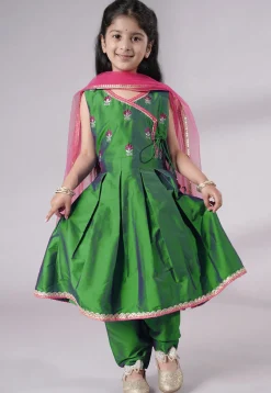 Embroidered Art Silk A Line Suit in Green