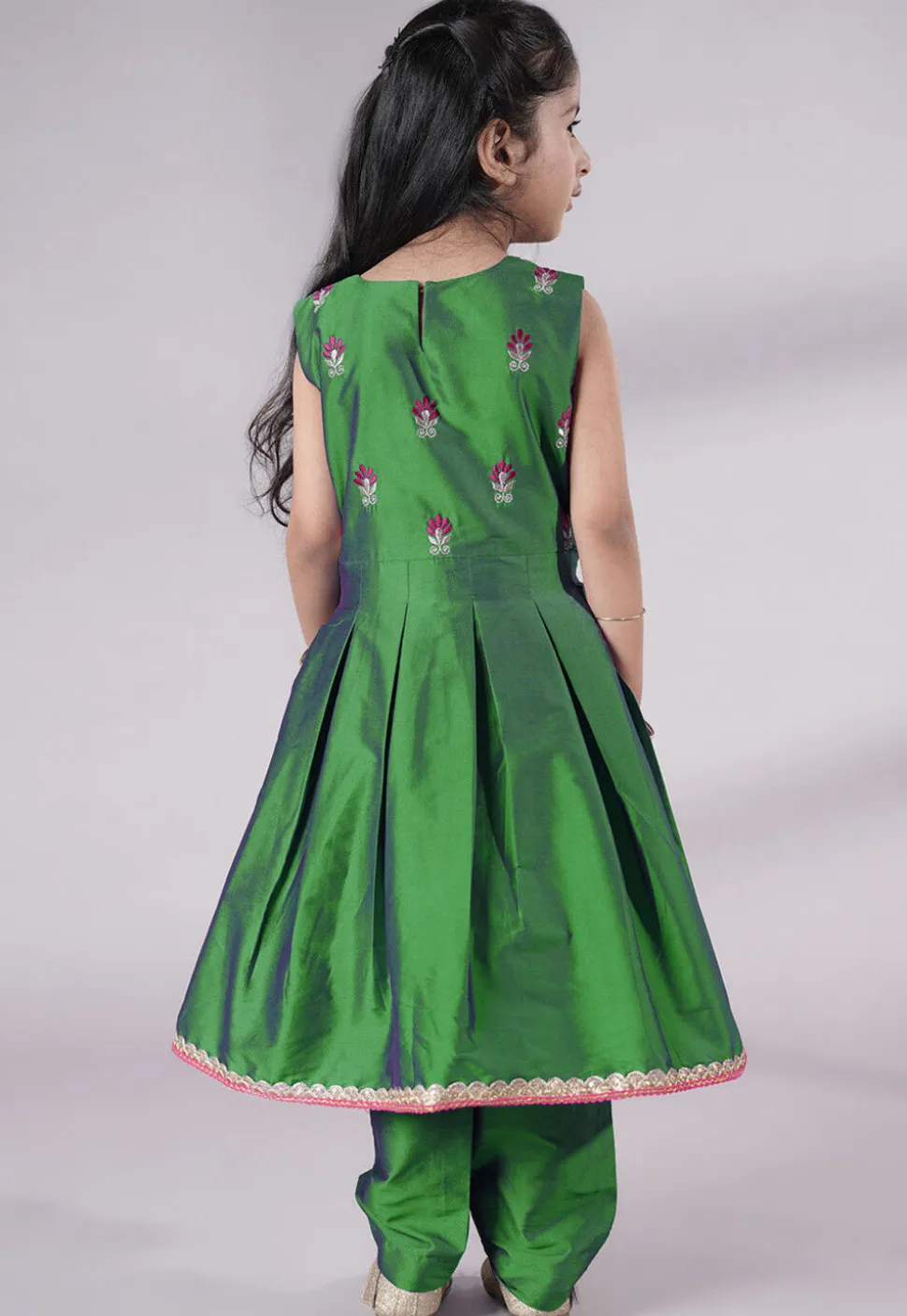 Embroidered Art Silk A Line Suit in Green