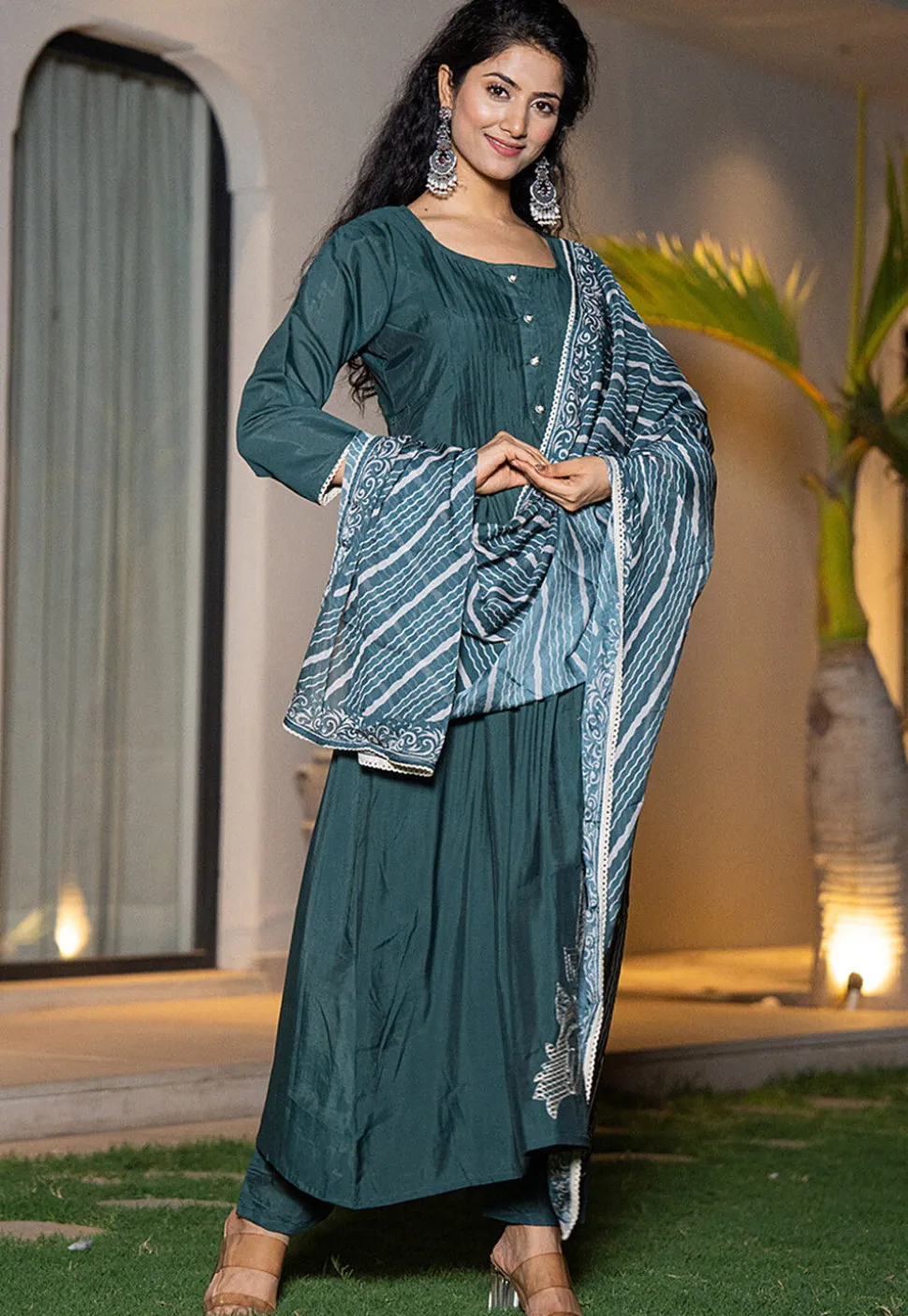 Embroidered Art Silk A Line Suit in Dark Teal Blue