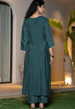 Embroidered Art Silk A Line Suit in Dark Teal Blue