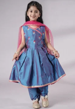 Embroidered Art Silk A Line Suit in Teal Blue